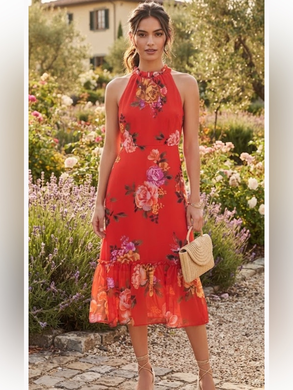 Donna Morgan Red Floral Halter Midi Dress